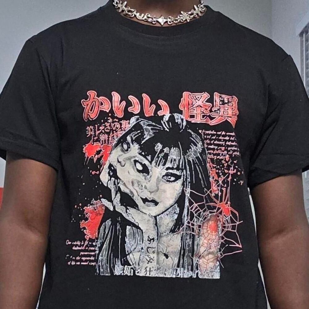 Japanese Horror Manga Girl Y2K Anime Graphic Black T-Shirt